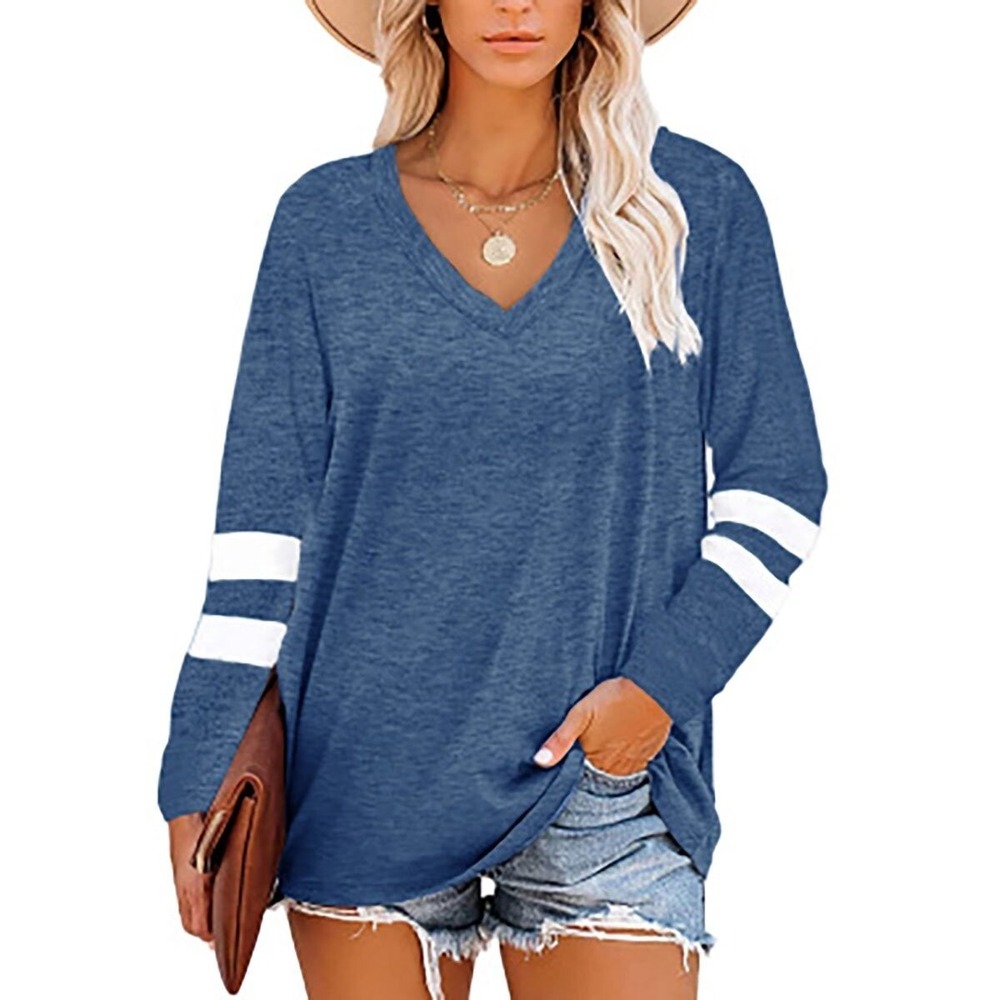 Rosriss Womens Long Sleeve V-Neck Tunic Tops Solid Color Casual Loose Shirts 16W